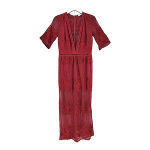 Eleter Womens Deep V-Neck Lace Romper Short Sleeve Long Dress Scarlet Red Medium